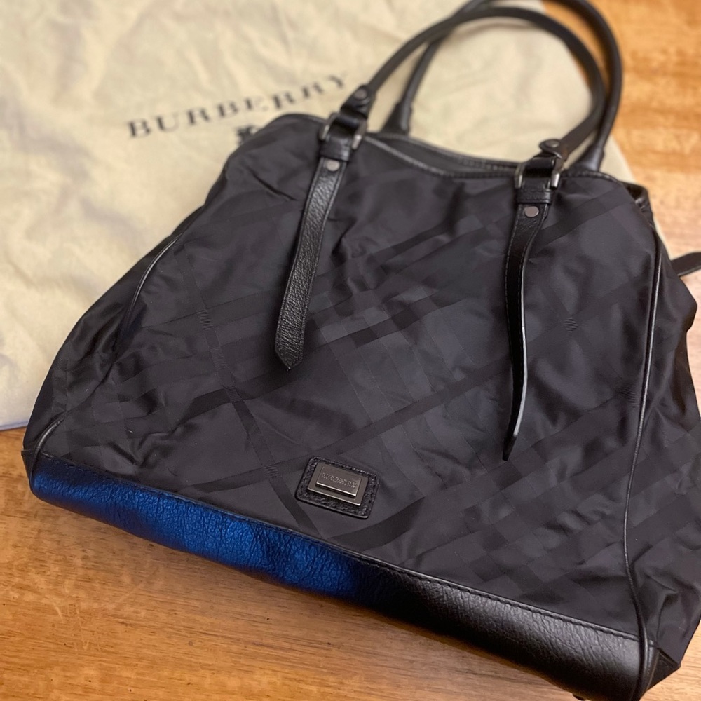 Burberry Black Tonal Check Nylon and Leather tote